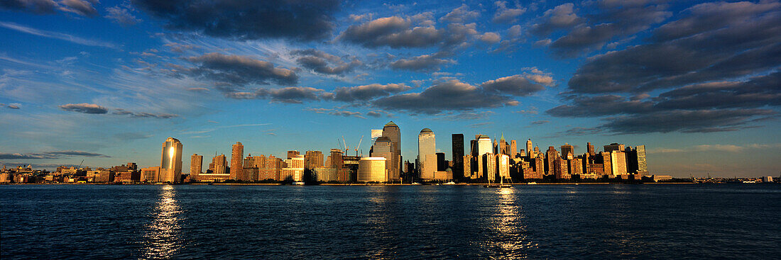 Lower Manhattan at sunset, viewed from Jersey City, New York, USA.
