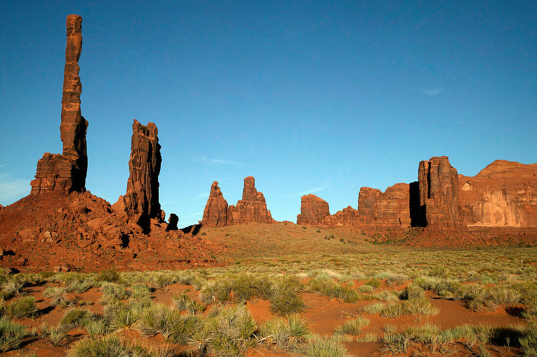 The Totem and and Yei Bi Chei rock formations, Monument Valley, Utah/Arizona, USA.