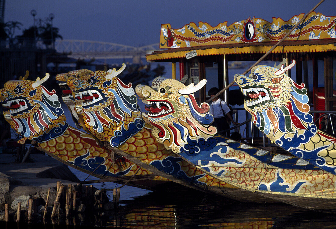Decorated boat bows on Perfume River, Hue, Vietnam