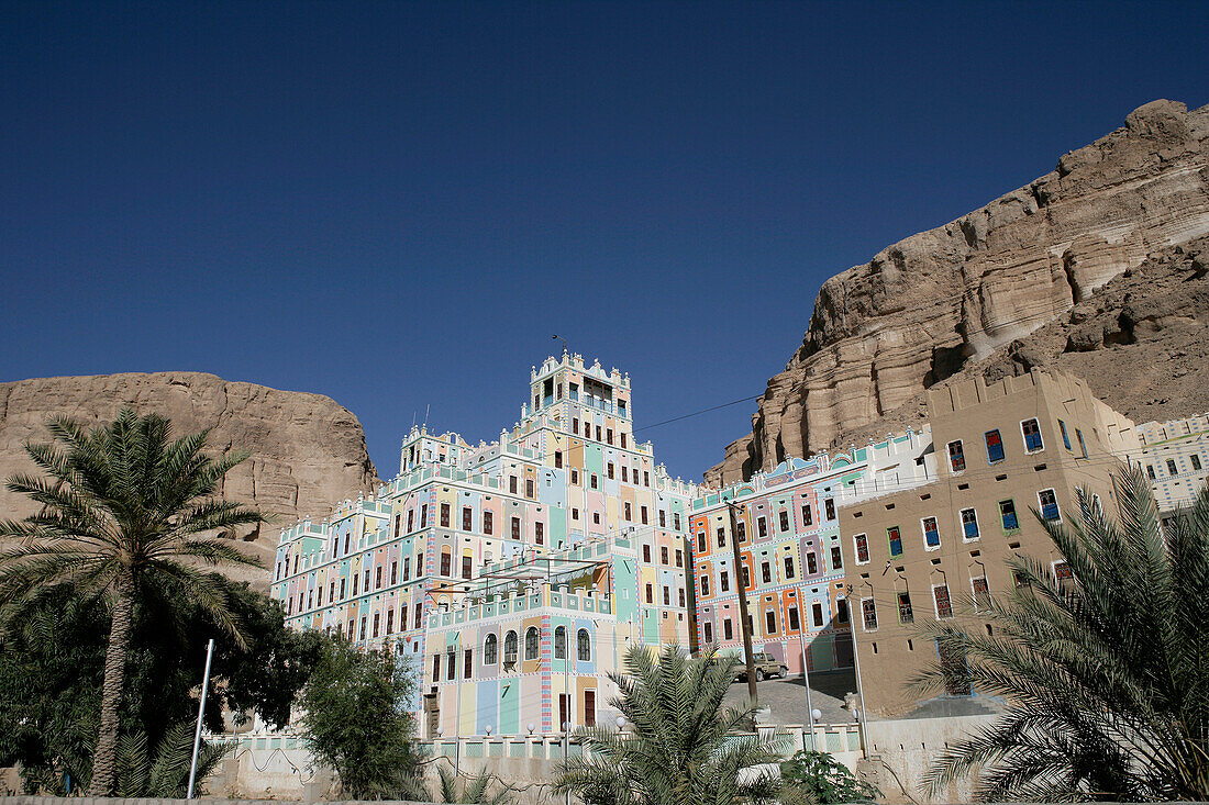Multicolored building in rural village, Wadi Du'an, Hadramawt, Yemen