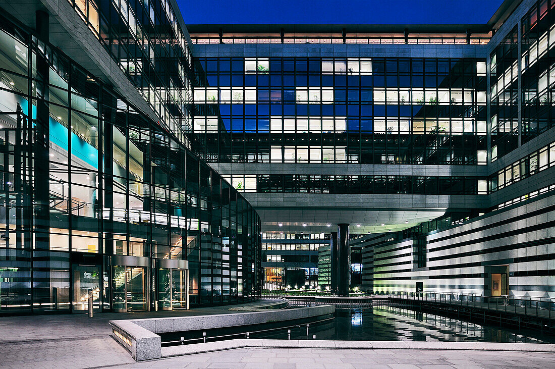 Atrium of the federal state bank  at night, Stuttgart, Baden-Wuerttemberg, Germany