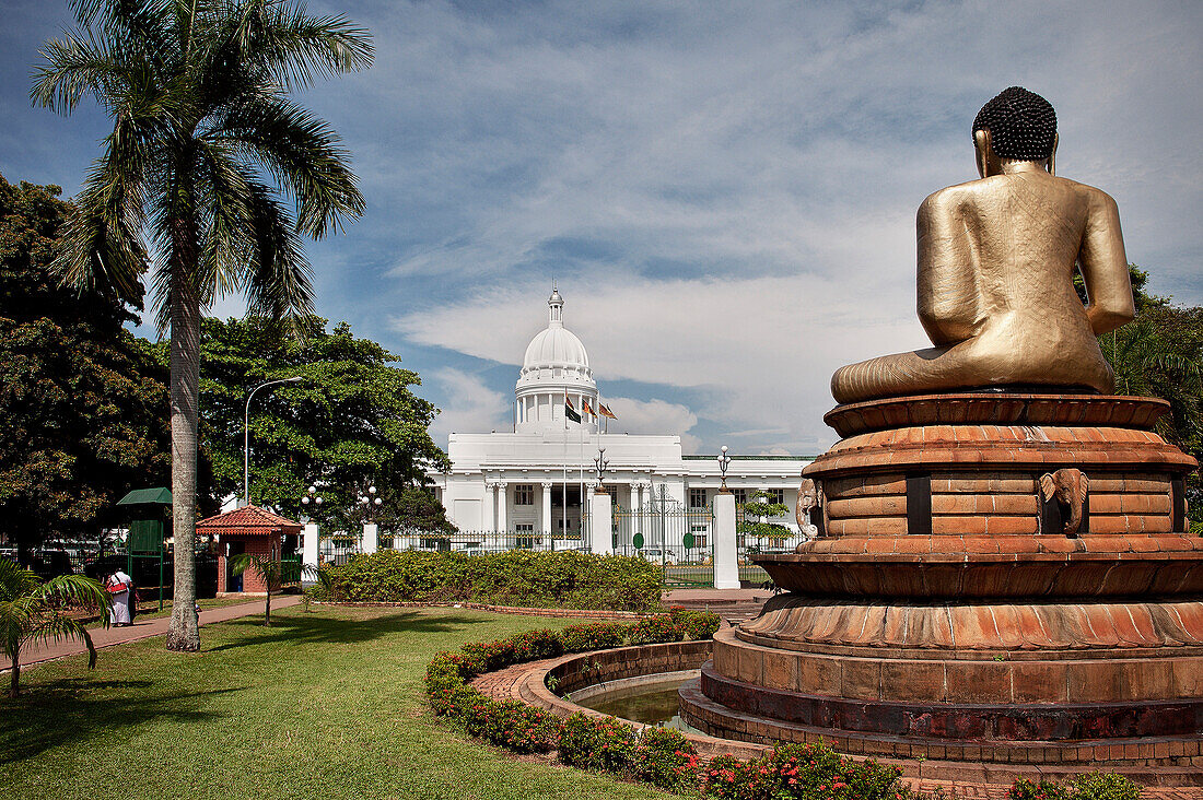 City Hall in Colombo with Buddha figure at Victoria Park, capital, Sri Lanka