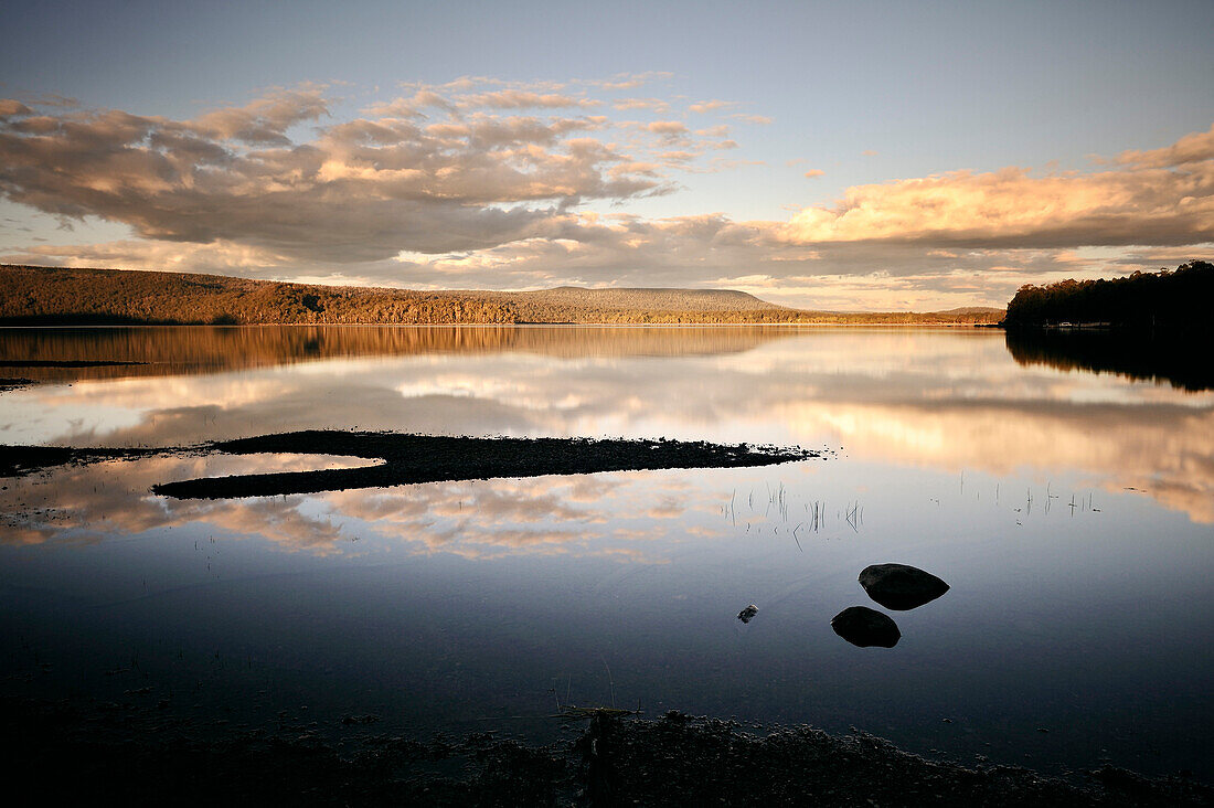 Glatte Spiegelung auf Lake St Clair, See, Overland Track, Cradle Mountain Lake St Clair Nationalpark, Tasmanien, Australien