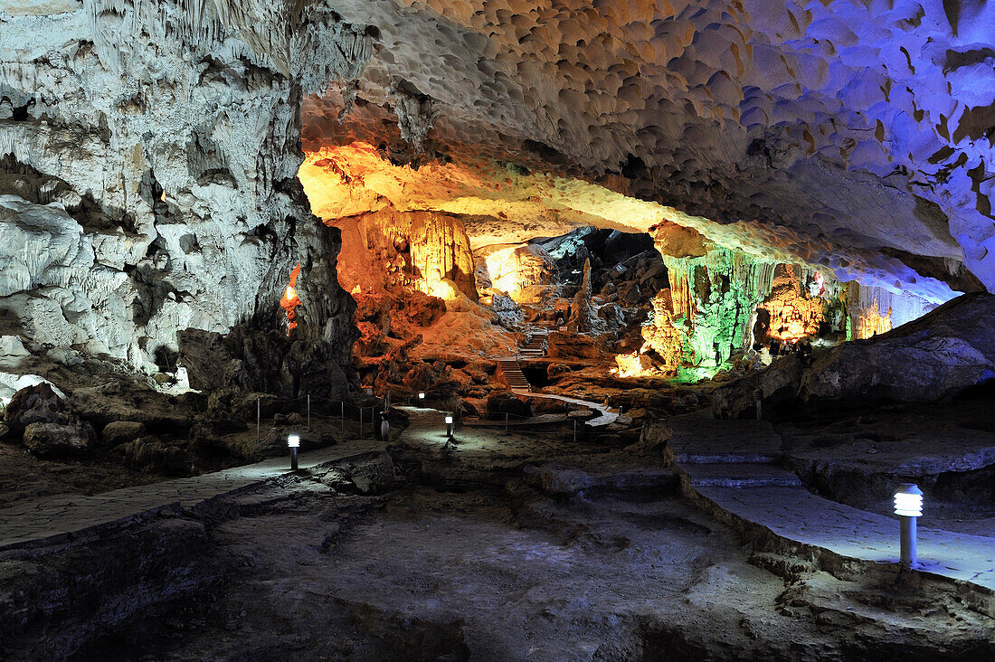 Artificial lighting in famous Cave Hang Dau Go, UNESCO World Nature Site, Ha Long Bay, Gulf of Tonkin, Vietnam