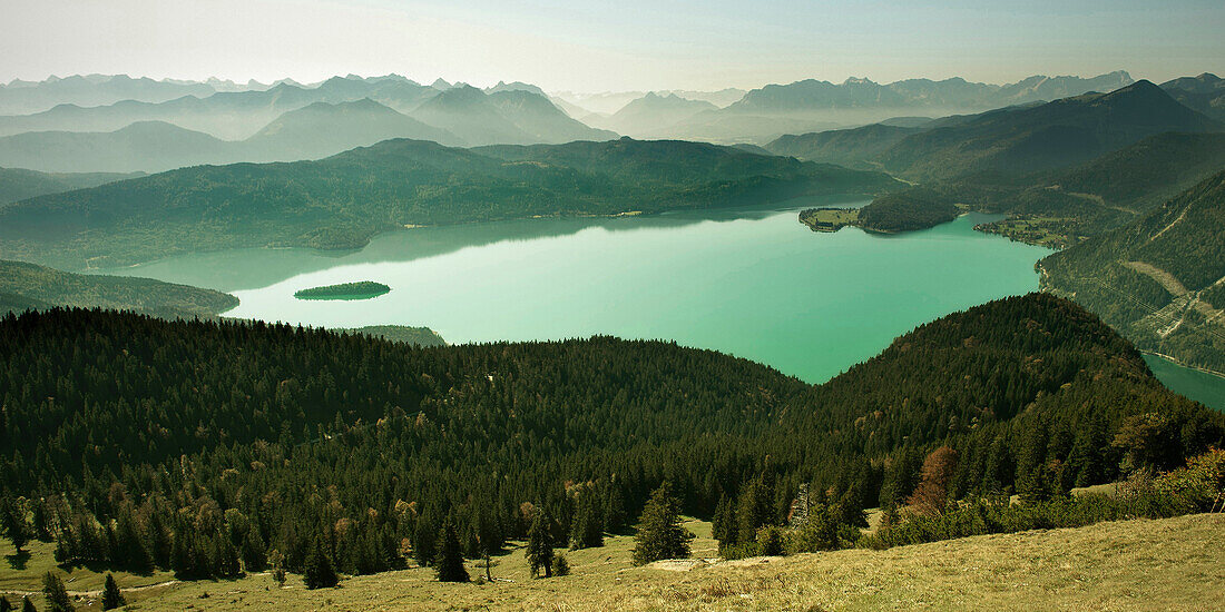 Blick auf Walchensee und Karwendel Gebirge vom Jochberg, Kochel am See, Tölzer Land, Bayern, Deutschland