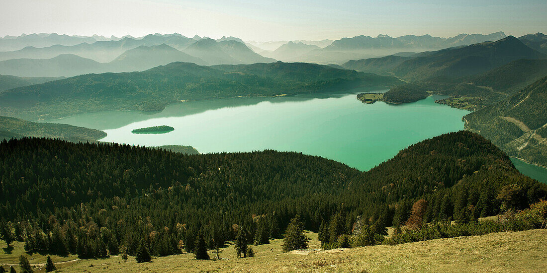 View towards Lake Walchensee and Karwendel mountains from Jochberg, Kochel am See, Bad Toelz Land, Bavaria, Germany