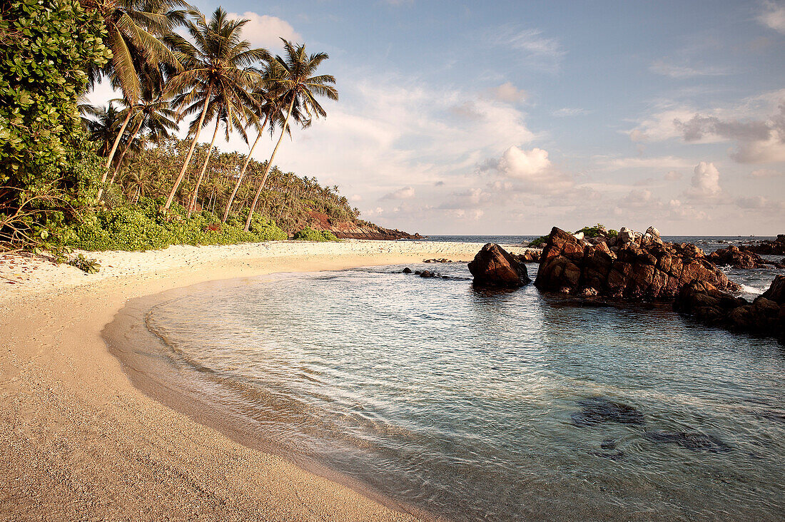 Einsame Bucht, Palmenstrand mit Felsen, Mirissa nahe Matara, Sri Lanka, Indischer Ozean