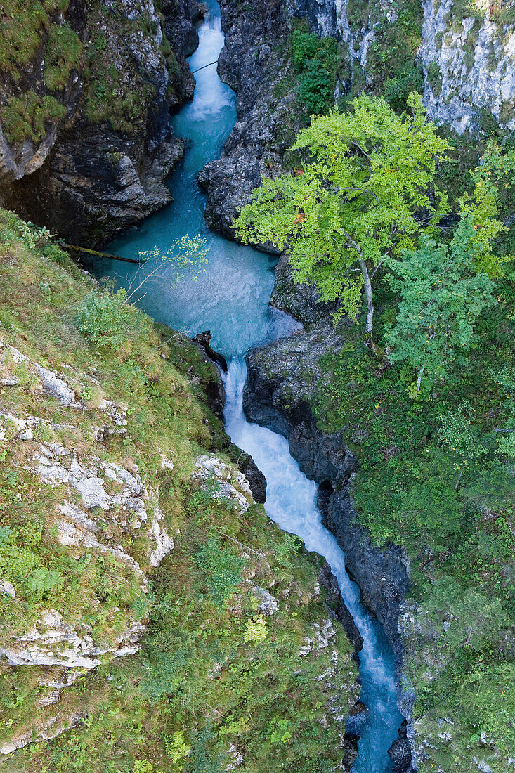 Aeriel view from a bridge down onto Leutasch Gorge, Mittenwald, Bavaria, Germany