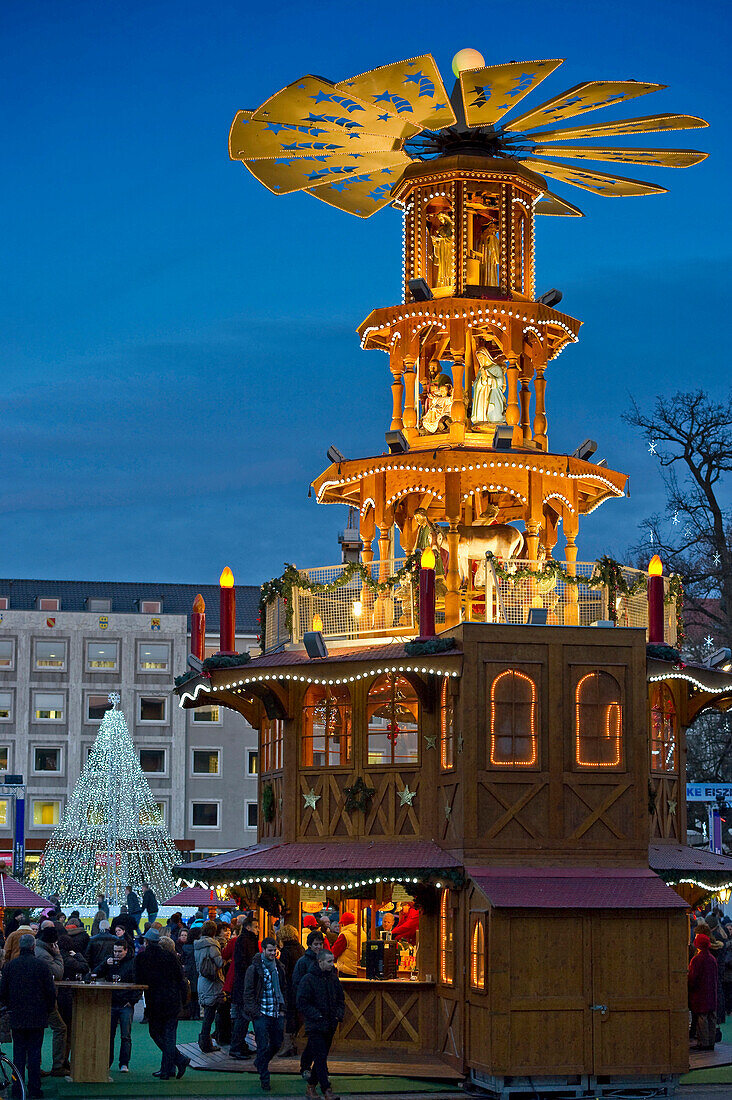 Christmas pyramid at the Christmas market, Karlsruhe, Baden-Württemberg, Germany