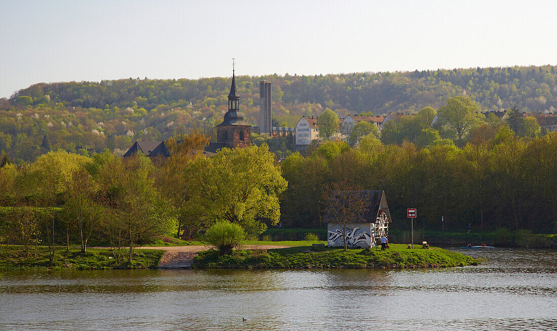 View of the marina and St. Arunal, Saar, Saarbruecken, Saarland, Germany, Europe