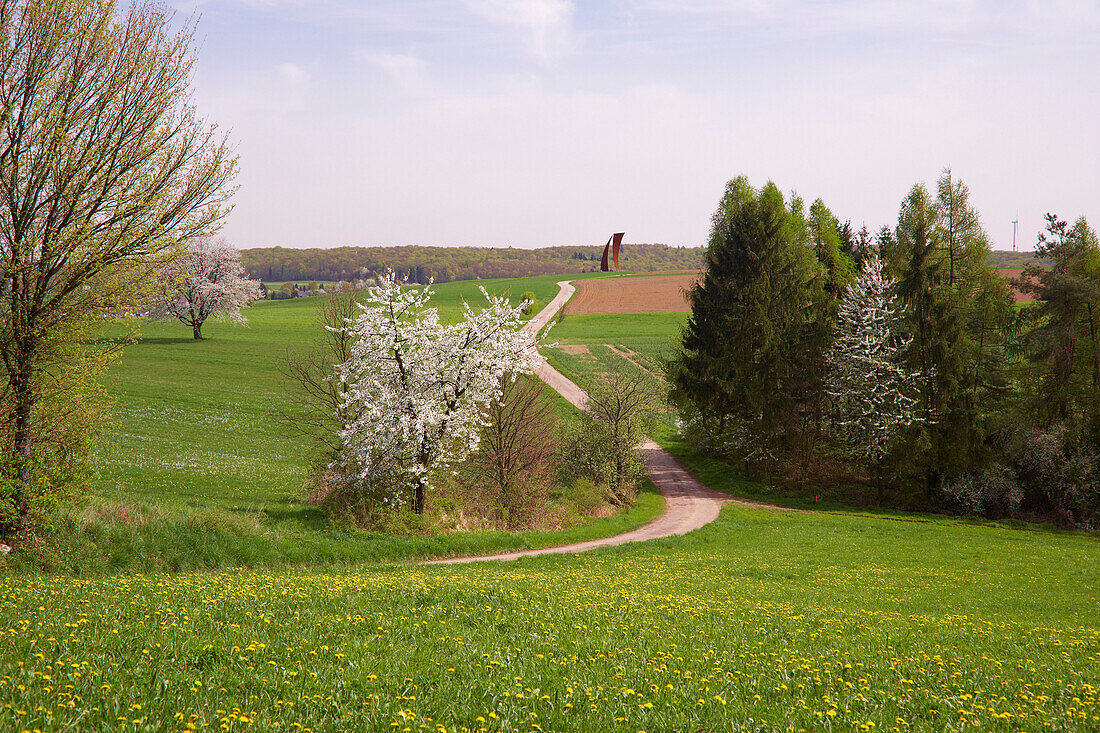 Sculpture Wortsegel in idyllic landscape, Sotzweiler-Bergweiler, Saarland, Germany, Europe