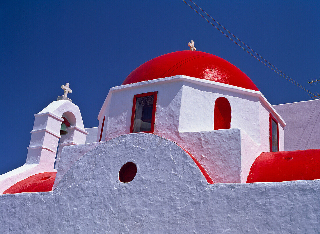 Greek orthodox church, low angle view, Mykonos, Cyklades, Greece