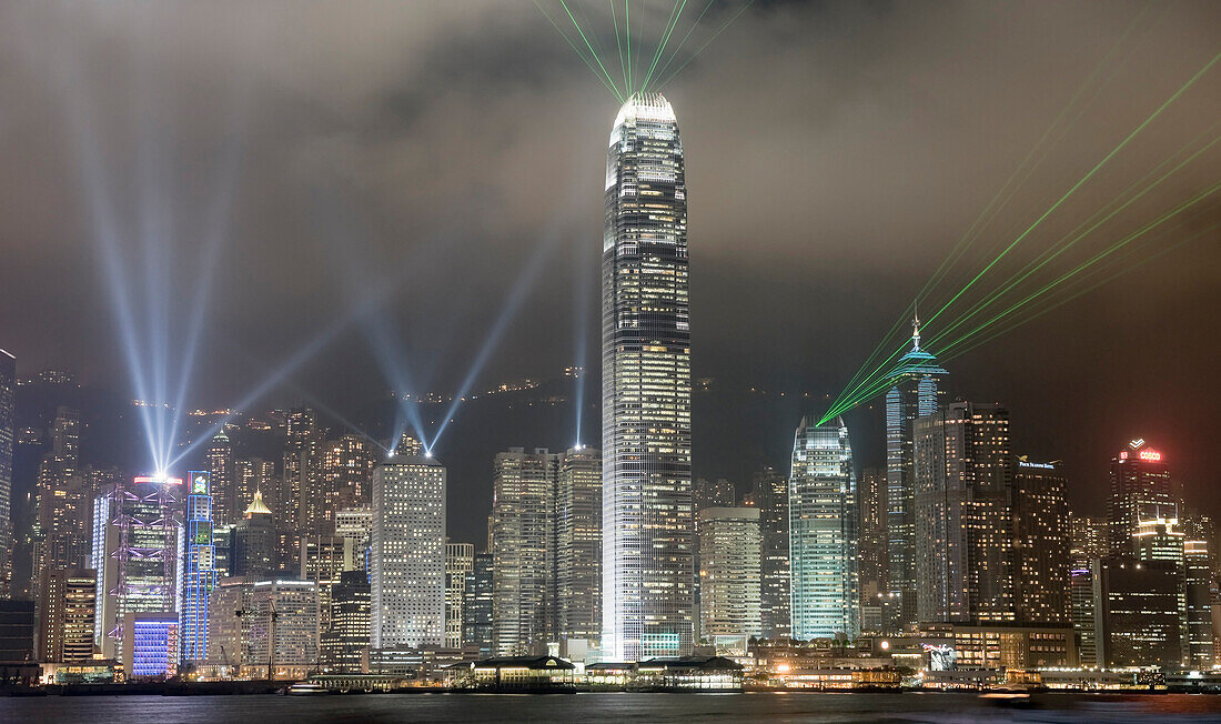 Hong Kong light show over skyline, Hong Kong light show over skyline.