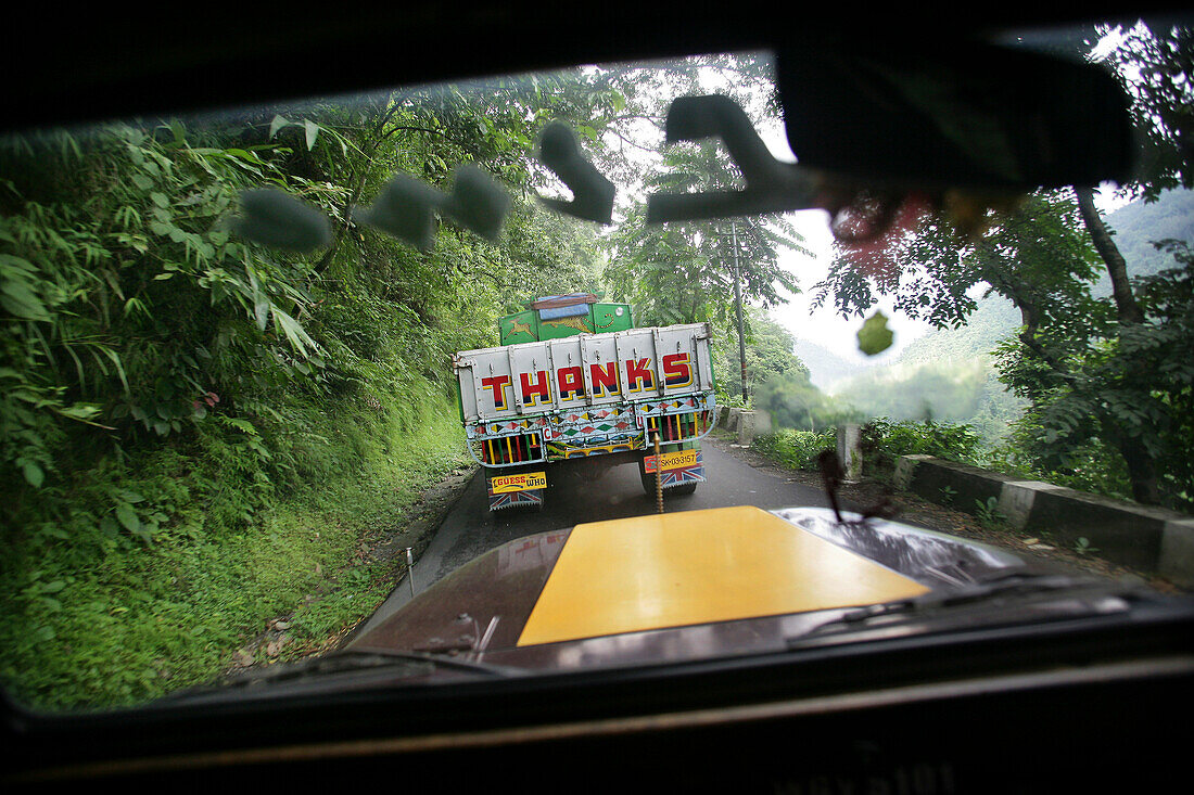 Truck with ' thanks' written on it, Sikkim, India