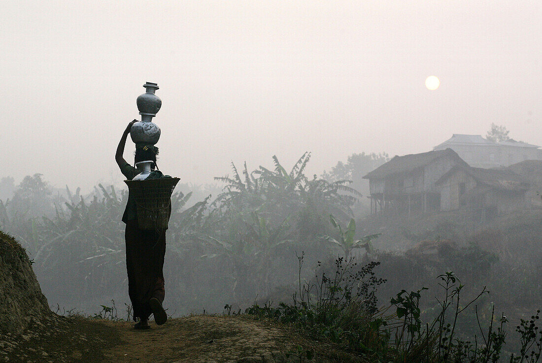 Bru tribeswoman carrying water pots on her head at sunrise, Tripura, North East States, India . The Bru Tribe is also known as the Reang tribe.