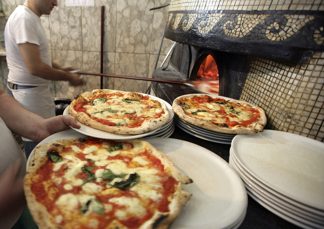 Cooks making pizzas in Pizzeria, Naples, Italy