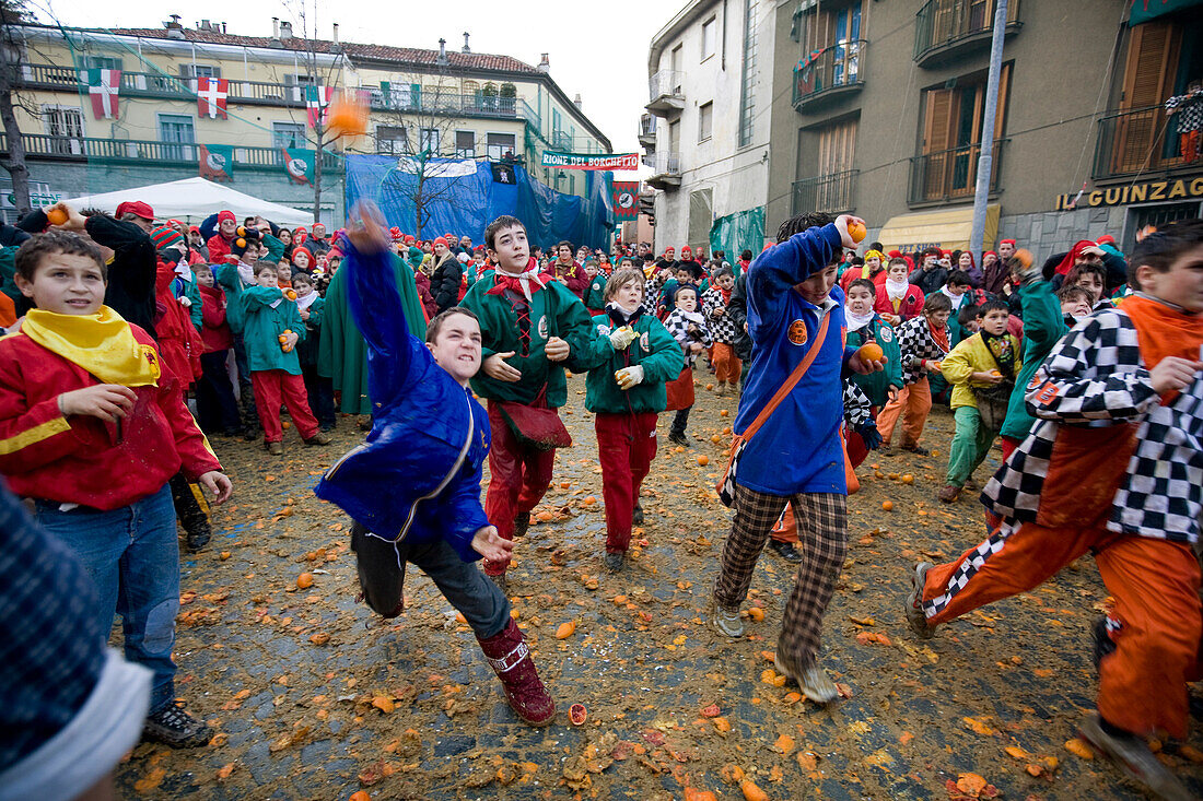 Battle during the Orange festival, Ivrea, Italy