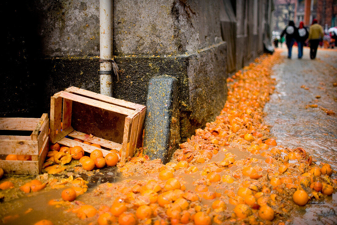 A river of oranges after Orange Festival, Ivrea, Italy