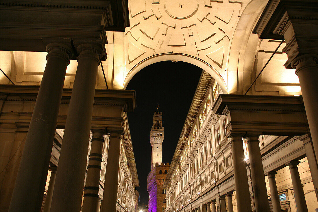 Famous Uffizi art gallery and Pallazzo Vecchio, night, Florence, Tuscany, Italy