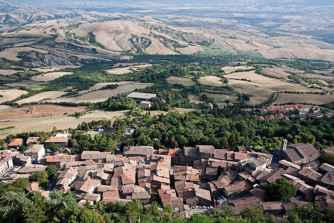 View of Radicofani and Val d'Orcia from the Rocca di Radicofani, Val d'Orcia, south of Siena, Tuscany, Italy