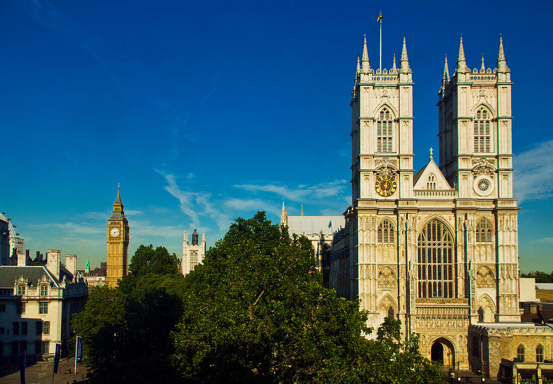 View of Westminster Abbey and Big Ben in the distance, London, England, United Kingdom.