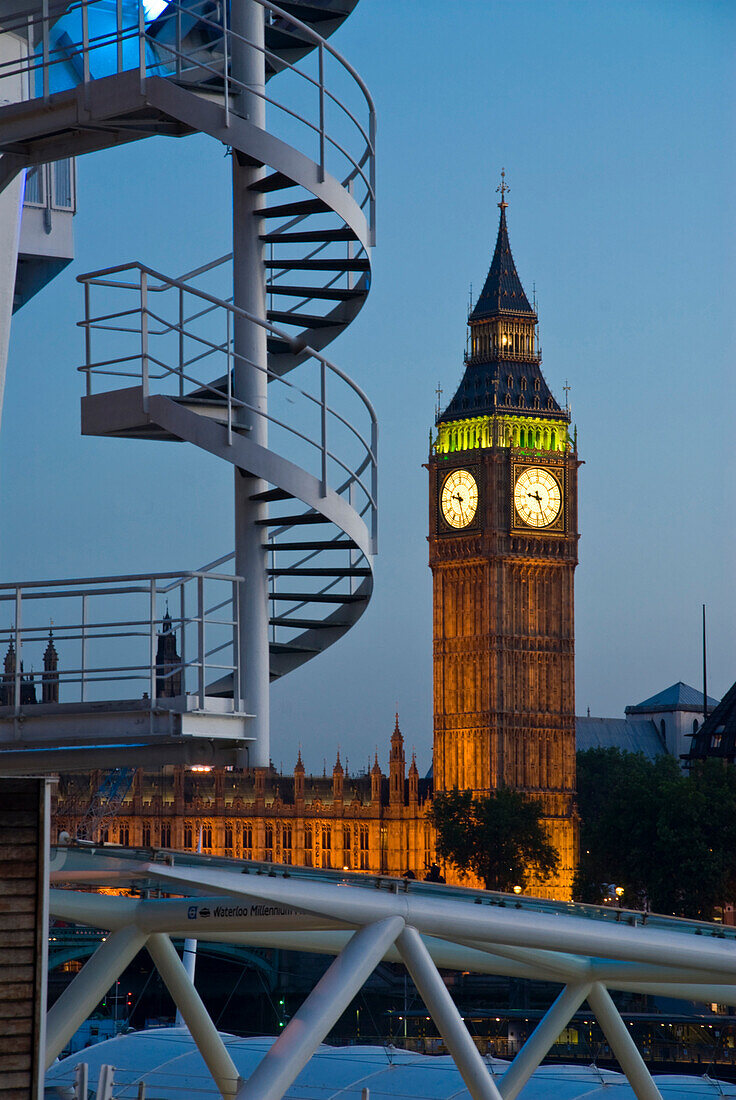 Big Ben at dusk, view from the London Eye, London, England, United Kingdom.