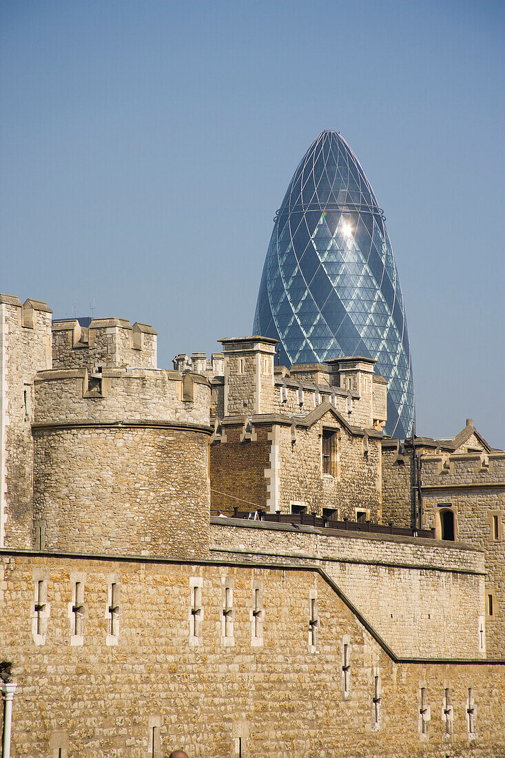 Gherkin building and the Tower of London, London, Great Britain, UK