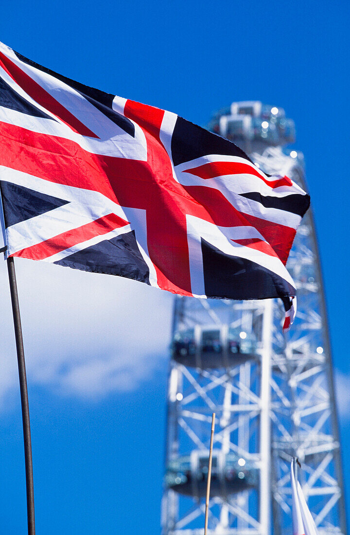 British flag in front of London Eye, London, England