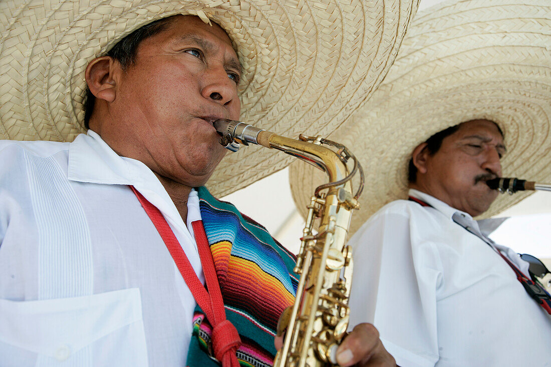 Men in sombreros performing at holiday resort in Mayan Riviera, Yucatan Peninsula, Quintana Roo State, Mexico