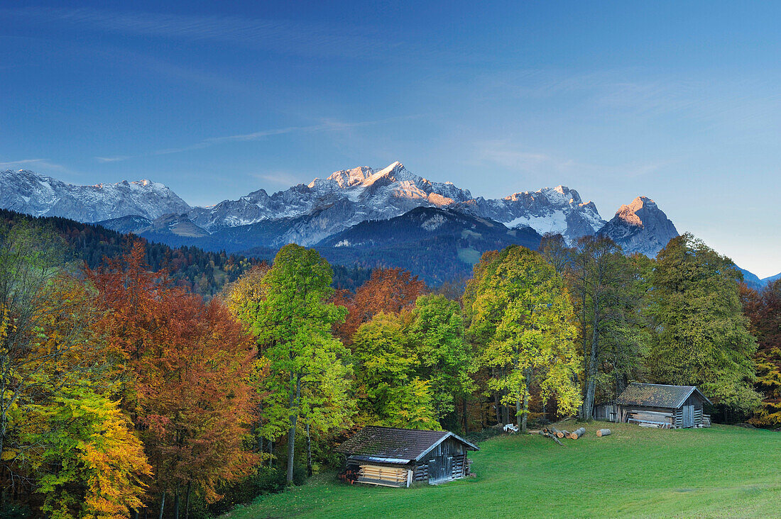 Wetterstein range with Alpspitze, Zugspitze and Waxensteine, farm shed and trees in autumn colours in foreground, Garmisch-Partenkirchen, Wetterstein range, Upper Bavaria, Bavaria, Germany, Europe