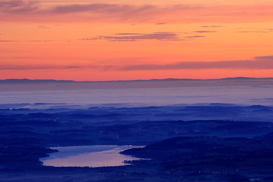 Pre alps with lake Simssee in morning fog, Bavarian Forest at horizont, view from Lacherspitz, Wendelstein range, Bavarian alps, Upper Bavaria, Bavaria, Germany, Europe