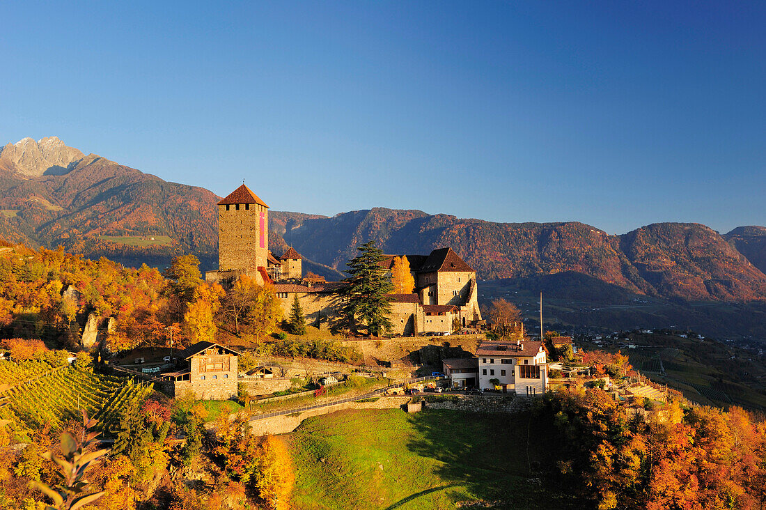 Castle Schloss Tirol with vineyards in autumn colours and Sarntal range in background, Schloss Tirol, Meran, South Tyrol, Italy, Europe