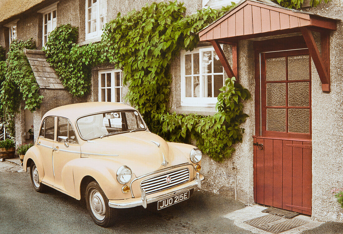 Vintage car in front of a house, Devon, Southern England, Great Britain, Europe