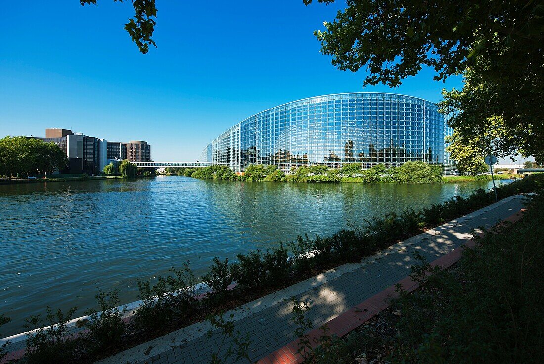 Louise Weiss building, European Parliament and Ill river, Strasbourg, Alsace, France