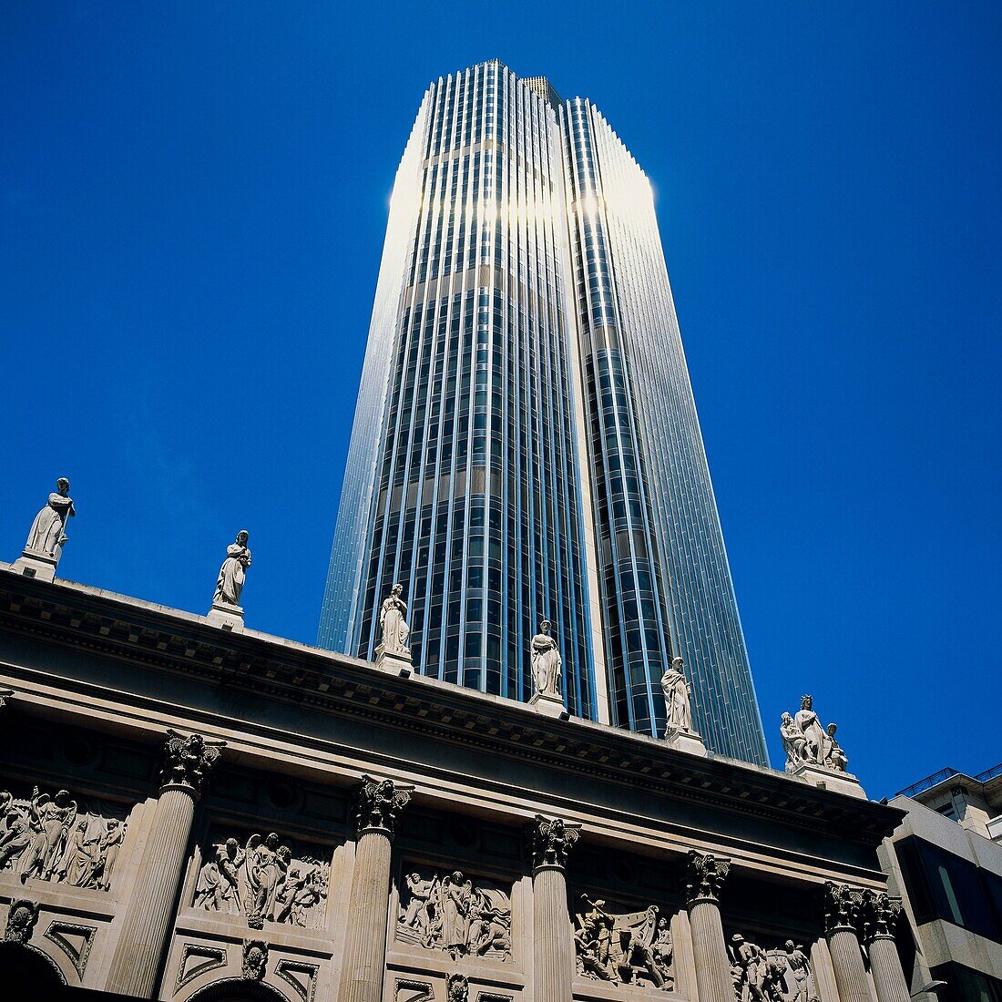 Statues on Gibson hall & tower 42, former Natwest National Westminster, London, Great-Britain