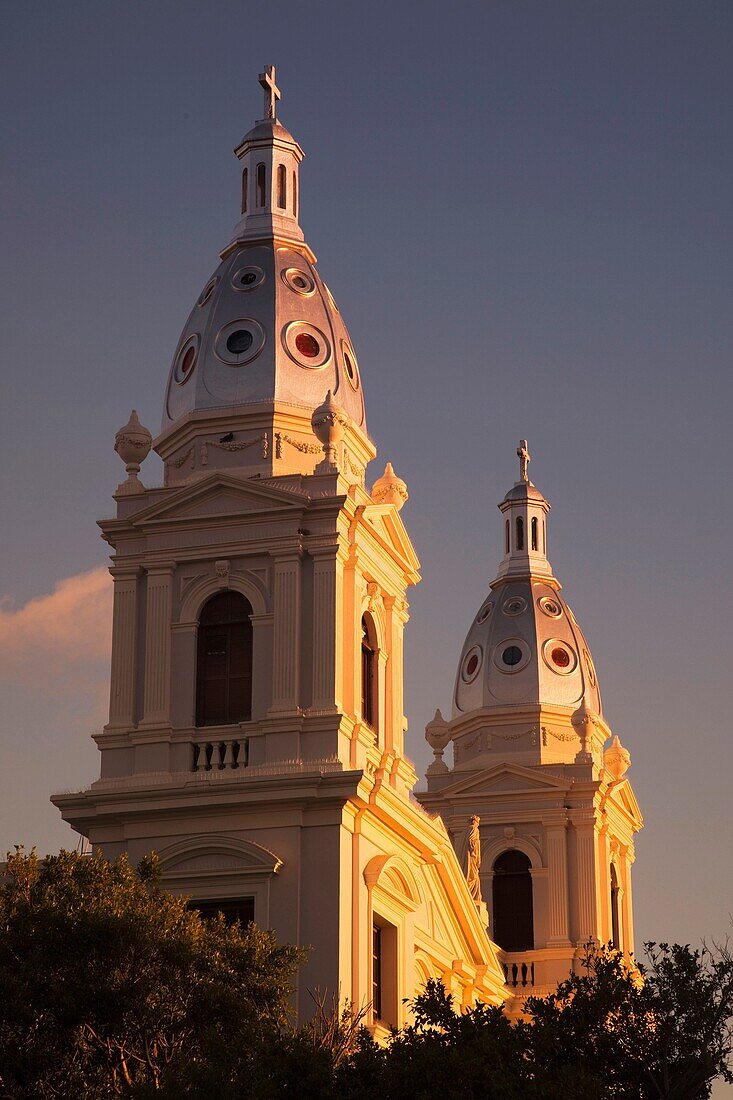 Puerto Rico, South Coast, Ponce, Catedral Nuestra Senora de Guadalupe cathedral, sunset.