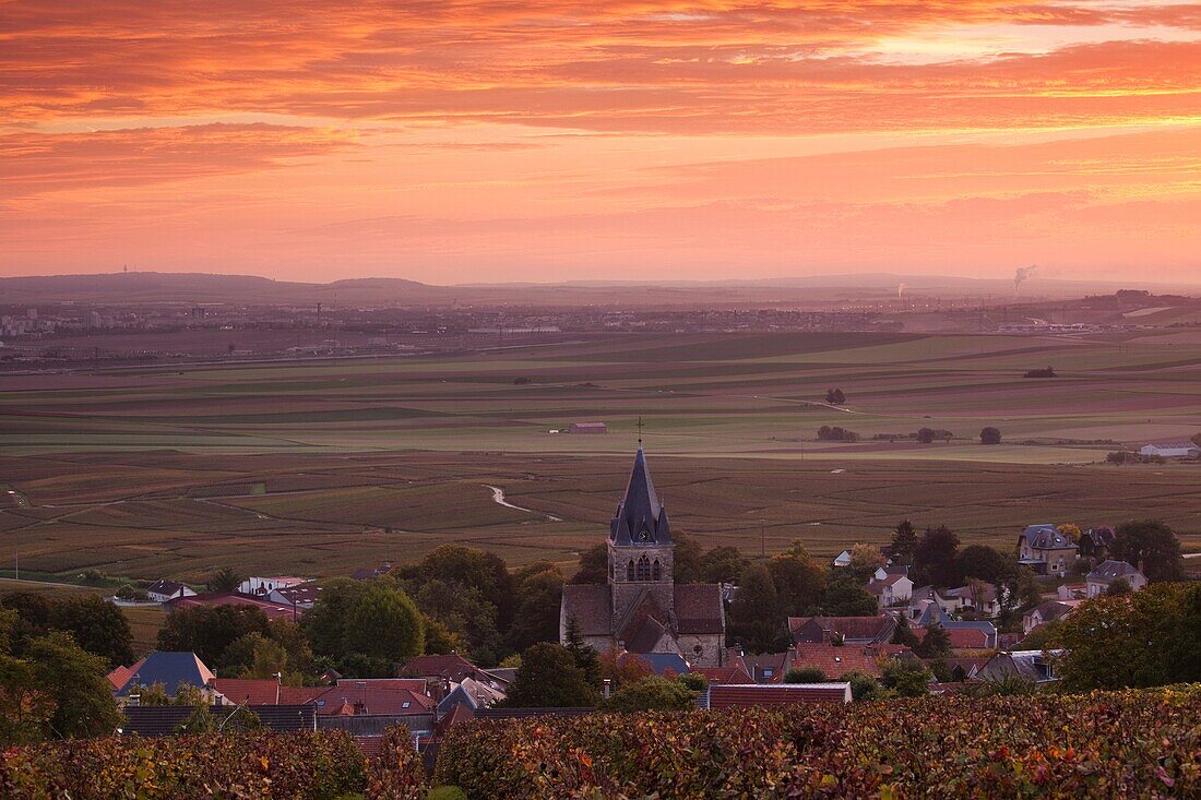 France, Marne, Champagne Ardenne, Ville Dommange, town overview, sunrise