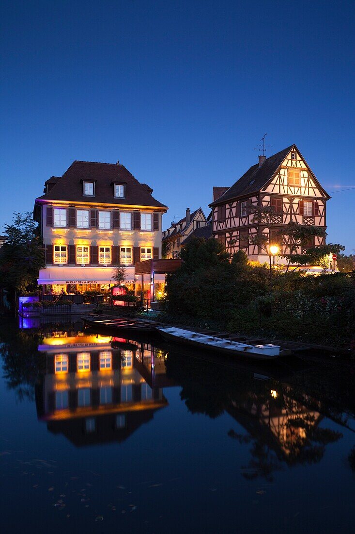 France, Haut-Rhin, Alsace Region, Alasatian Wine Route, Colmar, Petite Venise area by Lauch River, evening