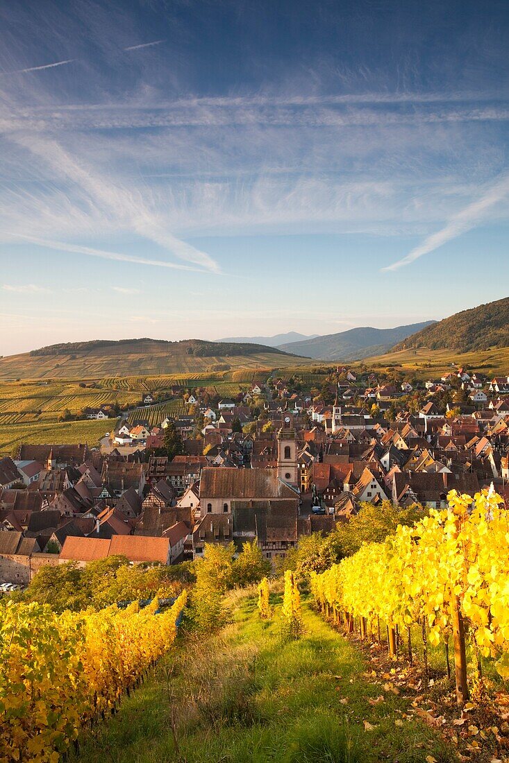 France, Haut-Rhin, Alsace Region, Alasatian Wine Route, Riquewihr, town view, dawn, autumn