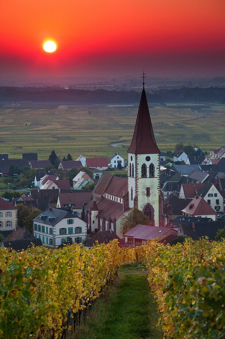 France, Haut-Rhin, Alsace Region, Alasatian Wine Route, Ammerschwihr, town view, sunrise, autumn