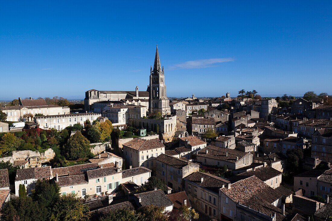France, Aquitaine Region, Gironde Department, St-Emilion, wine town, town view with Eglise Monolithe church