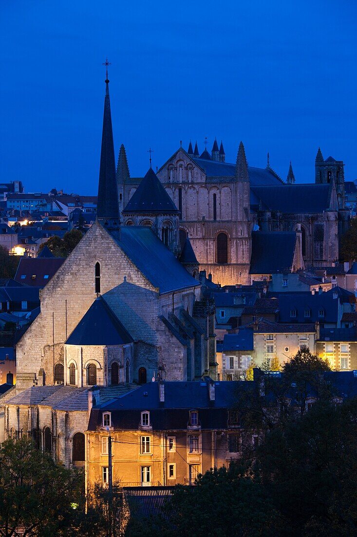 France, Poitou-Charentes Region, Vienne Department, Poitiers, elevated view of town and Cathedrale St-Pierre, dawn