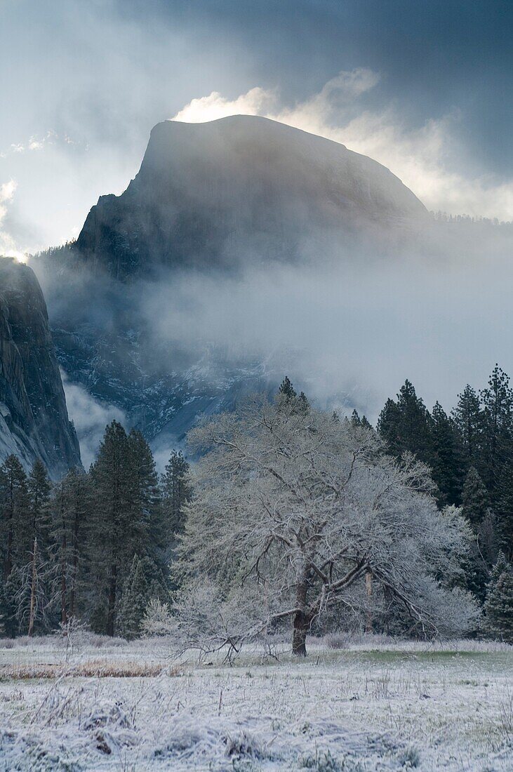 Clouds over Half Dome at sunrise after Spring snow storm, Yosemite Valley, Yosemite National Park, California