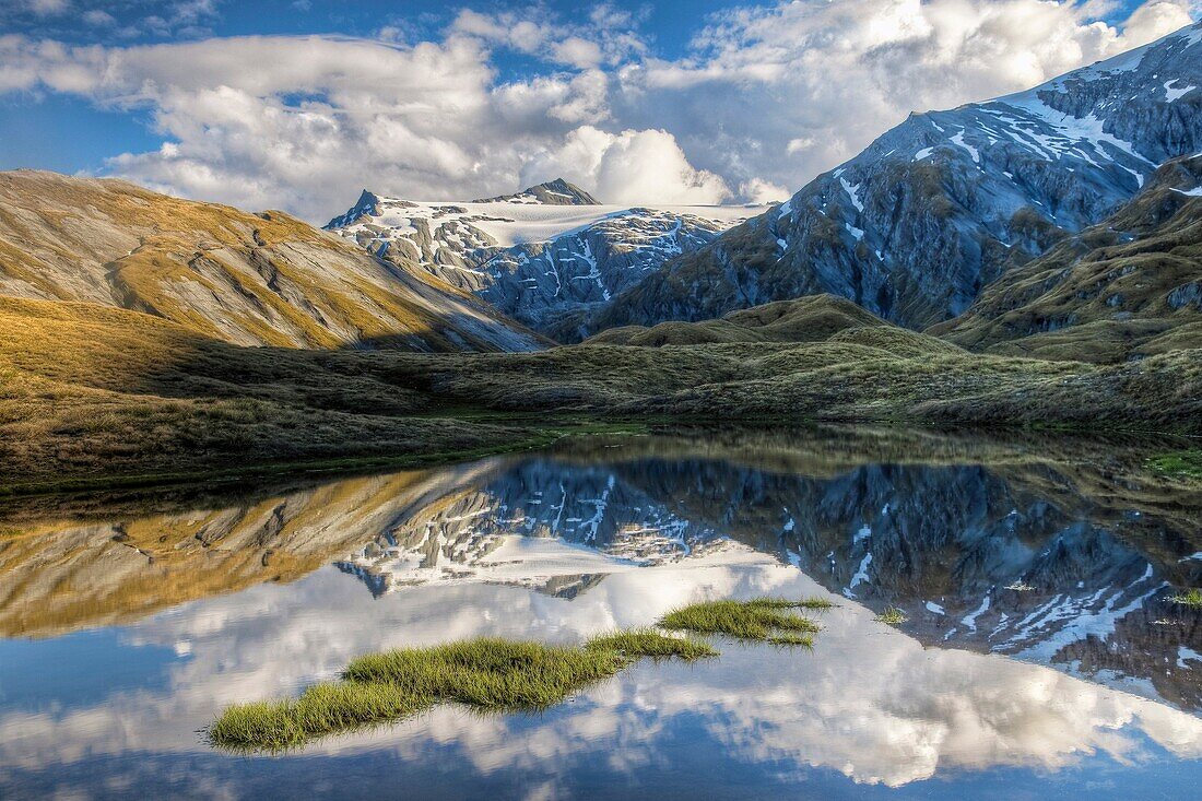 Mt Tyndall, reflection in tarn, Cascade Saddle, Mount Aspiring National Park, Otago, New Zealand (January 2010)
