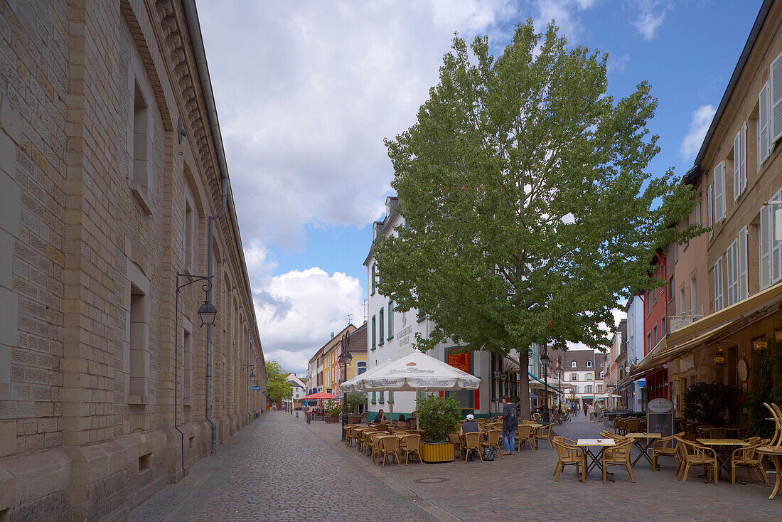 View of street cafes at Alte-Brauerei-Straße and Bierstraße, Saarlouis, Saarland, Germany, Europe