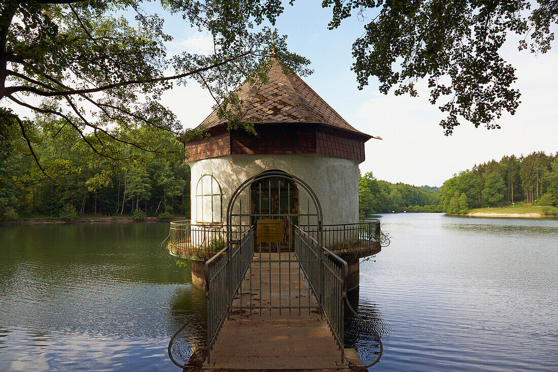 Historic pump station in charge of water supply for Itzenplitz and Reden mines at Heiligenwald, Itzenplitzer Weiher, Itzenplitz pond, Saarland, Germany, Europe