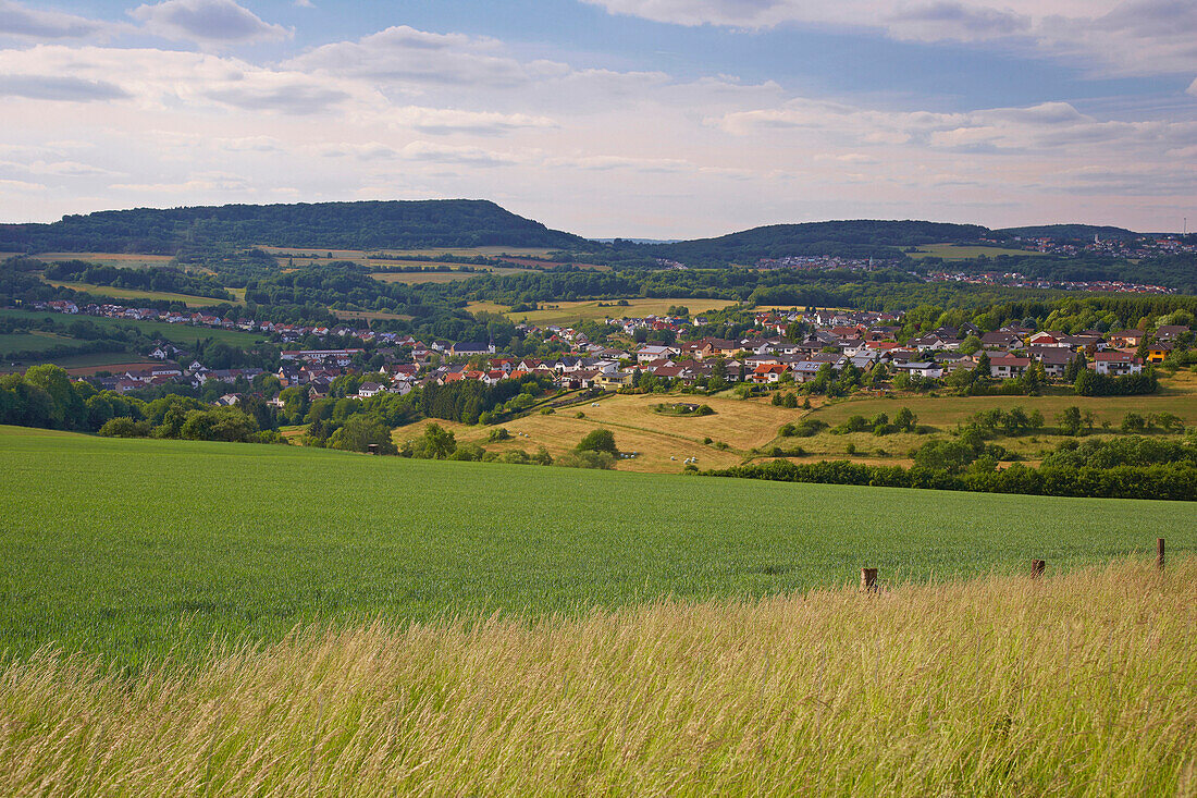 View of Thalexweiler in front, Steinbach, and Doersdorf, Saarland, Germany, Europe