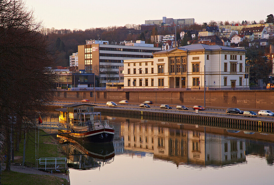 River Saar with parliament and ship in the morning, Alt Saarbruecken, Saarland, Germany, Europe