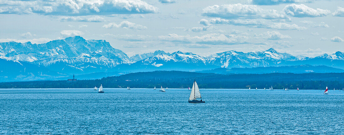 View over lake Ammersee to the Alps with Zugspitze, Upper Bavaria, Germany