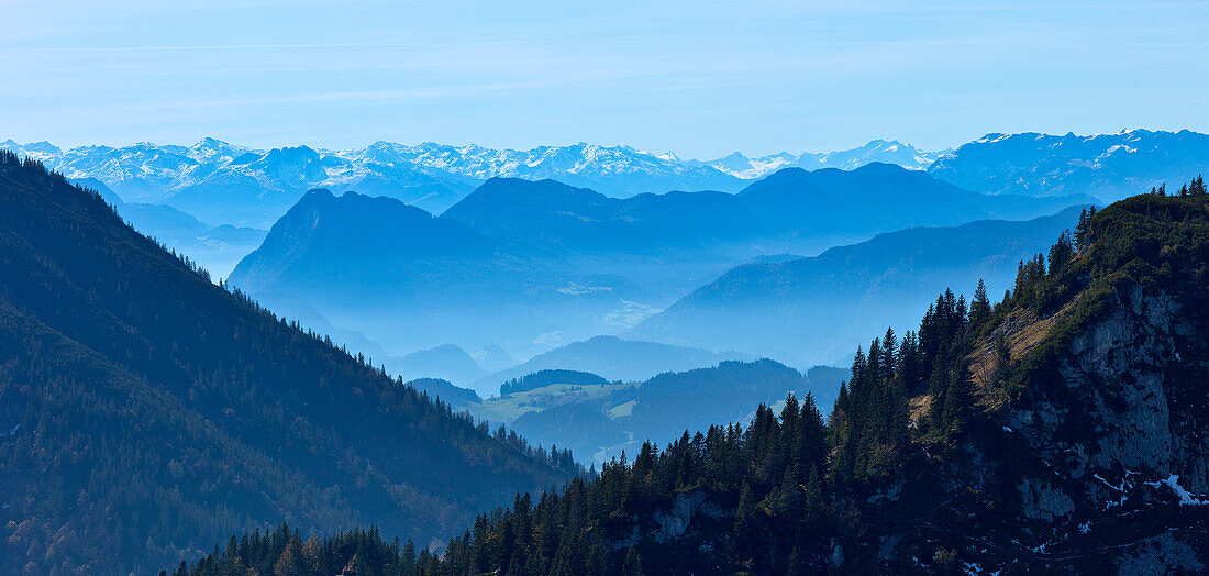 View from Kampenwand to southwest, Chiemgau, Upper Bavaria, Germany